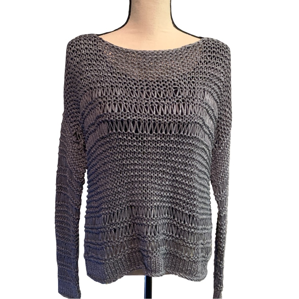 Eileen Fisher gray Organic Cotton Nylon Open Knit Boxy Sweater Top M sustainable